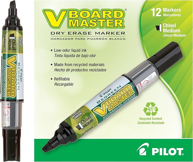 PILOT V Board Master BeGreen Refillable Dry-Erase Markers, Chisel Tip, Black Ink, 12 Count