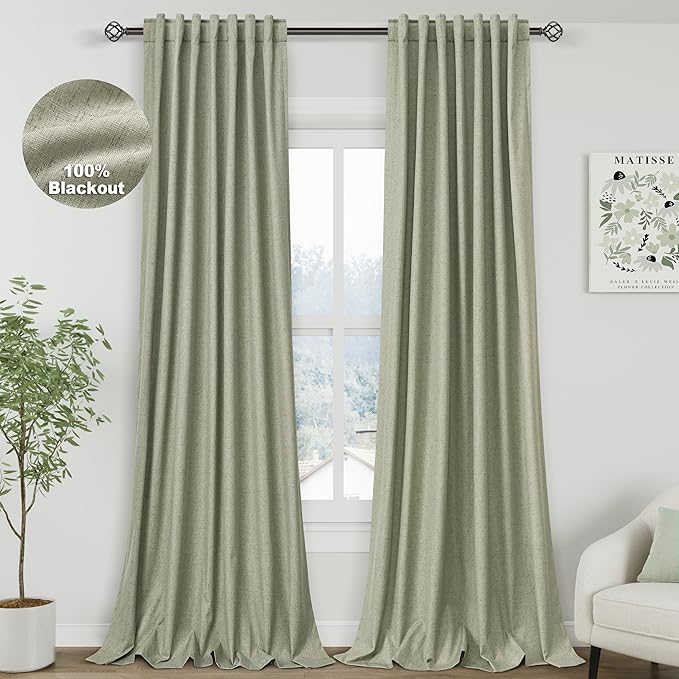 Nanspring Sage Green Linen 100% Blackout Curtains 100 inch Length Back Tab Rod Pocket Drapes Thermal Insulated Textured Living Room Black Out Curtains 2 Panels Set 52x100
