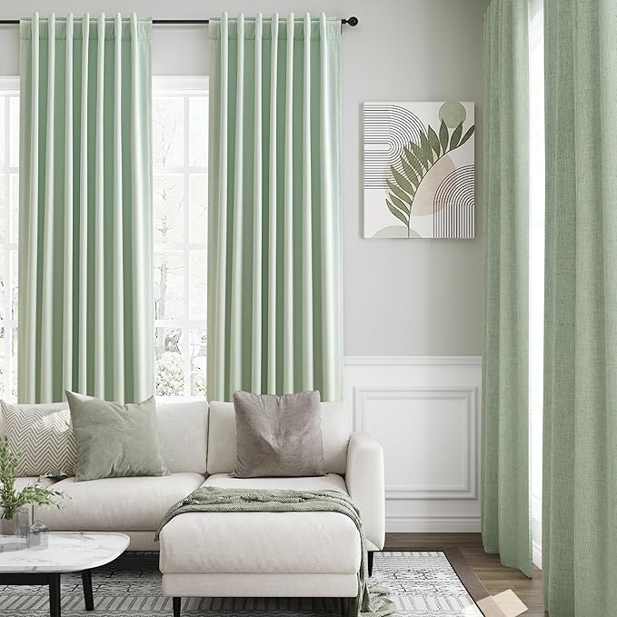 Aqua Green Linen Curtains 102 Inches Long Back Tab Rod Pocket Flax Linen Drapes Sound Absorbing Blackout 2 Panels Set Thermal Insulated for Dining Room Modern Urban Curtains Drapes 52x102