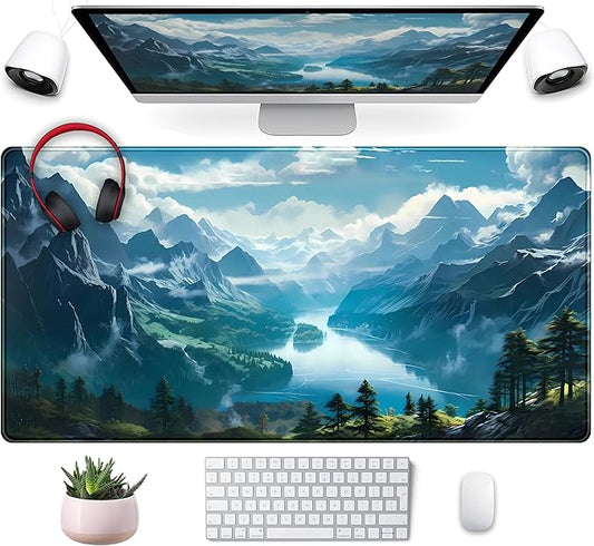 Aesthetic Mountain Vista Desk Mat, Blue Natural Wonder XXL Large Extended Gaming Mouse Pad Mat Non-Slip Mousepad, Computer Keyboard and Mouse Mat, Desk Pad with Stitched Edges, 31.5x15.75 in