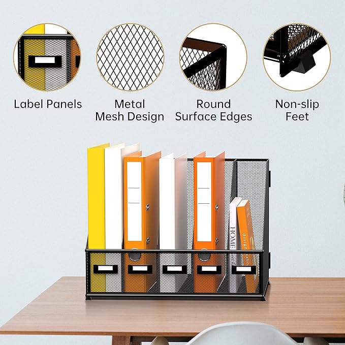 DALTACK Desk Organizers Metal Magazine File Holder with 5 Vertical Compartments Folder Storage Binder Organizer for Office Home School Organization, Black Plus