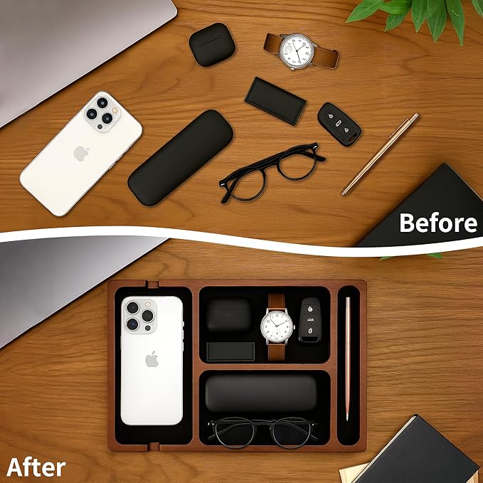 Valet Tray, Multi-Space Acacia Wood Leather Surface Desk Organizer Tray with Charging Assistance Port for Office or Study Room, Nightstand Organizer for EDC, Store Phone, Watch, Wallet, Keys, Jewelry