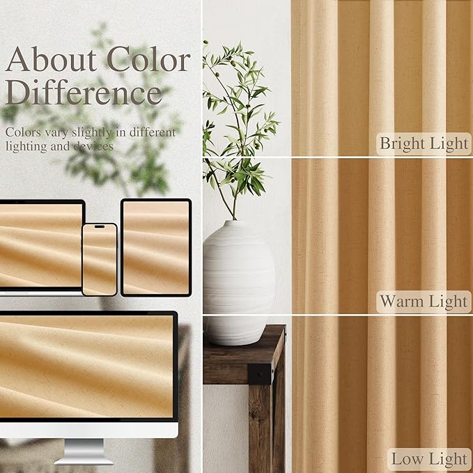 Camel Linen Blackout Curtains 108 Inches Long 2 Panel Set for Living Room Back Tab Pocket Drapes Cotton Textured Room Darkening Light Blocking Curtain for Bedroom Cottage High Window 52x108