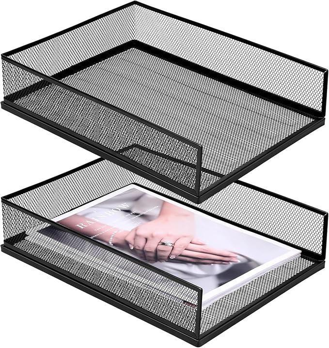 Magazine File Holder, 2 Pack Desk Organizer and Accessories, Metal Paper Tray Office Document Organizer Wire Mesh Letter Trays Stackable Desk File Storage Basket, Black