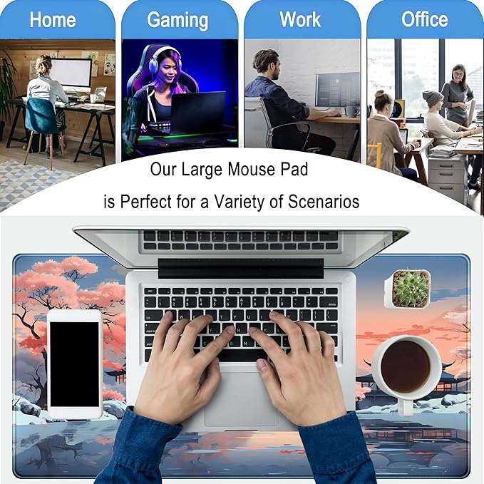 Kawaii Desk Mat Japan Desk Pad Extra Large Gaming Mouse Pad XXL, Computer Laptop Keyboard Pad Gamer Desk Setup, Pink and Blue Mouse Mats with Stitched Edges, Vintage Office Decor 31.5" x 15.7"