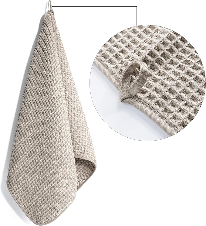 POLYTE Microfiber Lint Free Hand Towel, 16 x 30 in, 4 Pack (Beige, Waffle Weave)