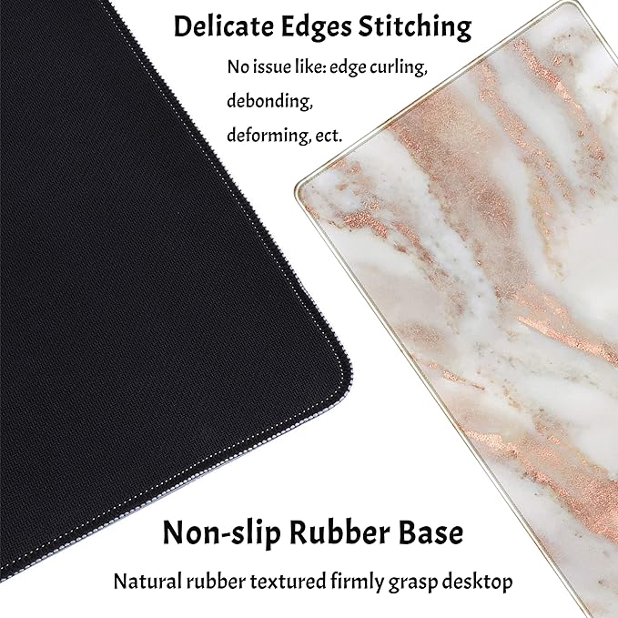 Rose Gold Marble Desk Mat Cute Desk Decor Mouse Pad, Abstraction Metallic Luxury Large Gaming Mousepad (31.5x15.75 in), Women Girly Keyboard Mat Computer Desk Pad for Work/Office/Home
