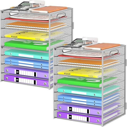 9 Tier Paper Organizer with Handle, Large Capacity Desk Organizer Mesh Paper Letter Tray File Folder Document Sorter for Classroom and Office Accessories Organization- Silver (2 Pack)
