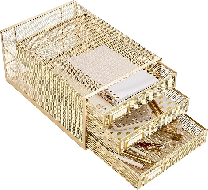 Annova Desk Organizer Wire Mesh 3 Tier Sliding Drawers Paper Sorter/Multifunctional/Premium Solid Construction for Letters, Documents, Mail, Files, Paper, Kids' Art Supplies (Gold)