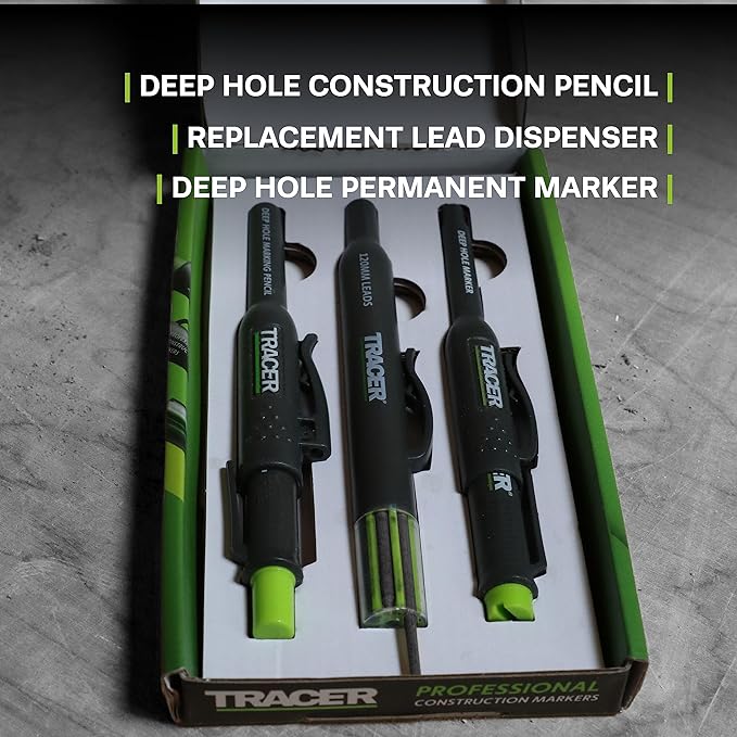 Tracer Complete Deep Hole Marking Kit - Includes Double-Tipped Long Head Deep Hole Permanent Marker and Deep Hole Construction Pencil with 6 Replacement Lead Dispenser Site Holster