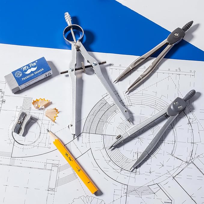 Mr. Pen Geometry Set with 6 Inch Swing Arm Protractor, Divider, Set Squares, Ruler, Compasses and Protractor, 15 Piece Set
