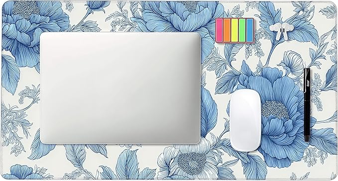 Blue Chinoiserie Mouse Pad,Blue and White Floral Desk Mat, XXL Large Floral Preppy Trendy Mouse Pad,Girly Gaming Mousepad,Girly Laptop Desk Mat for Dorm Home Office, 35.4 x 15.8 inches