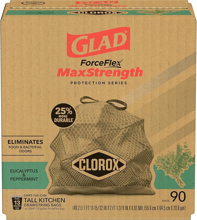 Glad Tall Kitchen Trash Bags 13 Gallon, MaxStrength Eucalyptus and Peppermint Garbage Bags, Drawstring, 90 Count