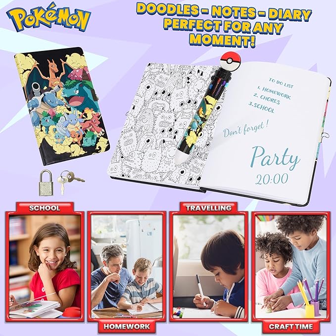 Pokemon Journal Set for Kids Teens Diary with Lock or Notebook with Pen Secret Diary School Supplies Pikachu Cute Stuff Gifts for Kids(Multi Notebook Set)