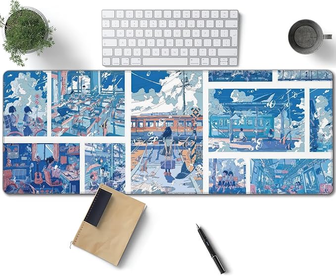 Anime Style Youth Campus Large Mouse Pad, Blue Fantasy Gaming Desk Mat, XL Keyboard Desk Pad Mat for Desktop, 31.5"x11.8" Non-Slip Base Big Mousepad with Stitched Edges