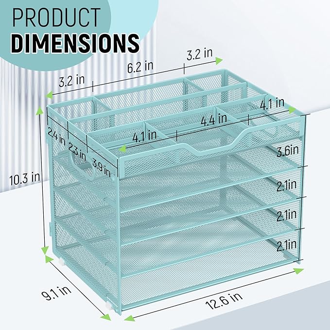 Docnest 5 Tier Mesh Desk Organizer- Letter Tray with Adjustable Compartments, Mesh Desktop Storage Built in Pen Holder and Handles, Desk Organizer Tray for Mail Documents Office Supplies-Blue