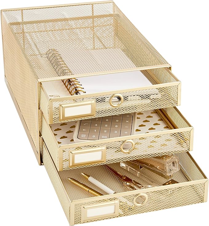 Annova Desk Organizer Wire Mesh 3 Tier Sliding Drawers Paper Sorter/Multifunctional/Premium Solid Construction for Letters, Documents, Mail, Files, Paper, Kids' Art Supplies (Gold)