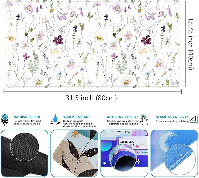 Cute Flower Mouse Pad Aesthetic Desk Mat Plants Large Extended Gaming Mousepad Floral XXL Desk Pad Keyboard and Mouse Mat 31.5''x15.75'', Desktop Decor Protectors Mats for Women Office Girl Gamer