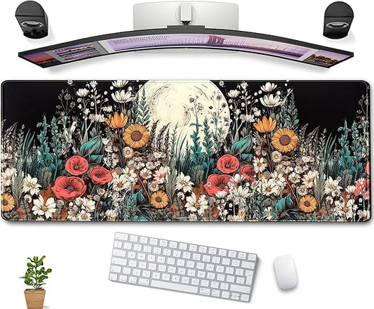 Cute Watercolor Floral Desk Pad Mouse Pad Full Moon Daisy Desk Mat XL Large Extended Anime Gaming Mousepad 31.5''x11.8'', Aesthetics Women Office Decor Matt Keyboard Mouse Mat with Stitched Edges