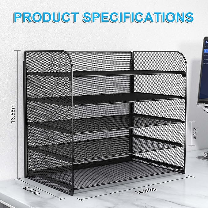 2 Sets 5-Tier Paper Organizer,Paper Tray Holder for Desk,File Holder/Sorter,Legal/Letter Size,A4,File Folder Shelf Organizer for Office,Home,Solid Steel,Mesh,Sturdy,Leakproof,Large Capacity