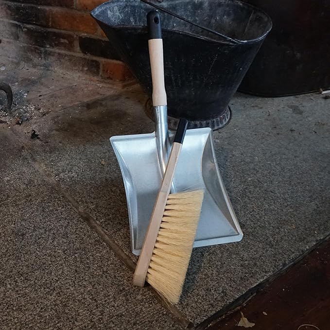 Fireplace Shovel and Hearth Brush Set - Ash Shovel Metal Dustpan and Chimney Sweep Brush Fireplace Tools with Wood Handles and Natural Fiber Bristles - Fireplace Tool Set by Kings County Tools