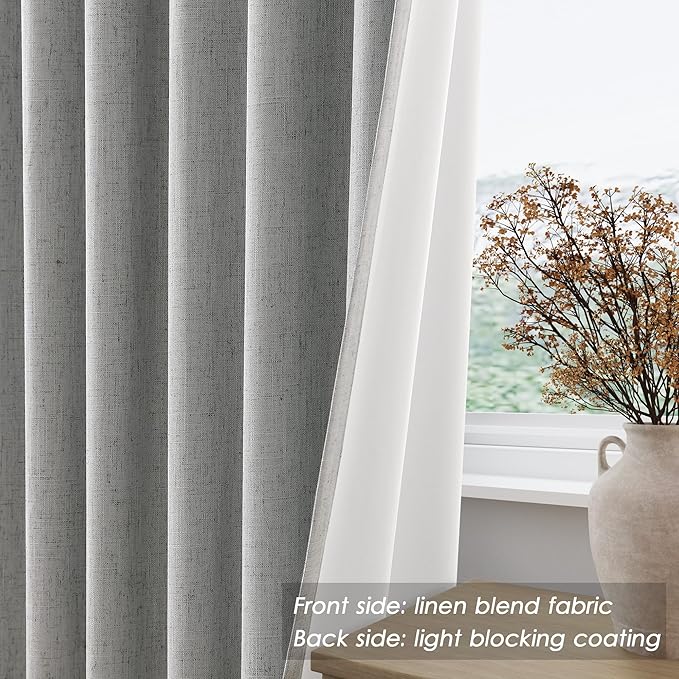 Silver Grey Linen Curtains for Bedroom Black Out 96 Inch Long Full Blackout Back Tab Pocket Curtains for Living Room Neutral Rustic Insulated Light Blocking Drapes 96 Inches Long 2 Panels 8 Ft