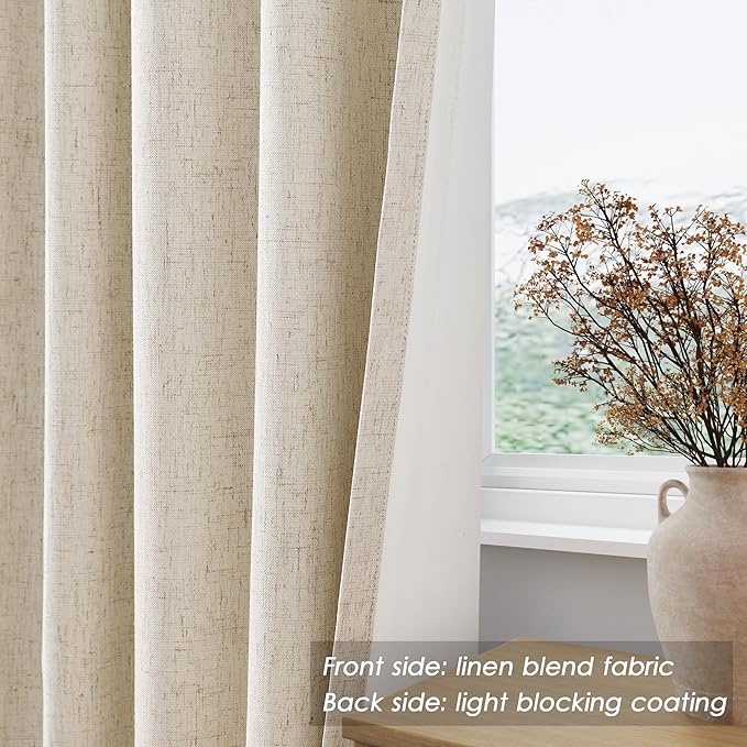 Beige Blackout Linen Curtains 100 Inches Long 2 Panels for Bedroom Back Tab Pinch Pleated Thermal Insulated Black Out Curtains Boho Farmhouse Drop Cloth Room Darkening Curtain Taupe Tan