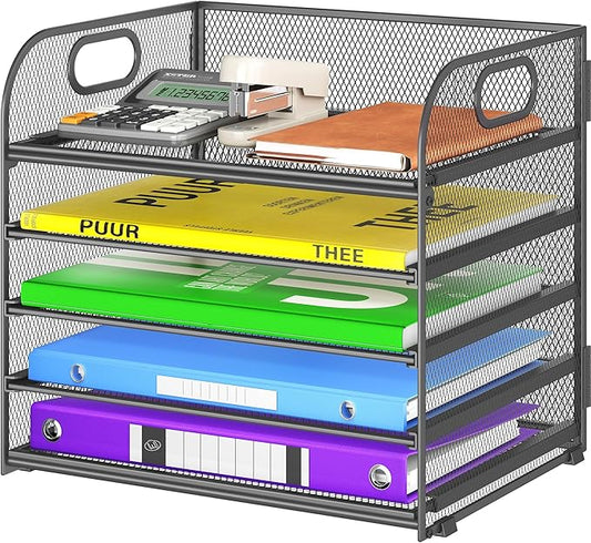 5 Tier Paper Organizer with Handle, Metal Mesh Desk Organizer File Folder Paper Letter Tray Desktop Document Sorter for Classroom, School, Office Accessories Organization and Storage - Grey