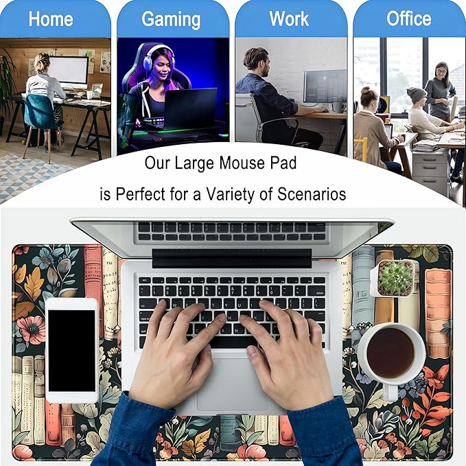 Floral Books Desk Mat Reading Desk Pad Mouse Mat XXL, Colorful Mouse Keyboard Pad Flower Bookshelf Desktop Mat, Long Computer Mats Aesthetic Desk Accessory Reader's Home Decor 31.5" x 15.7"