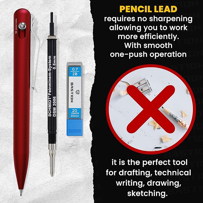 BASTION® Luxury Mechanical Pencil, Professional Lightweight Medium Point Aluminum Pencil for Birthday Gift includes 20 x 0.77mm Lead Refills - Red