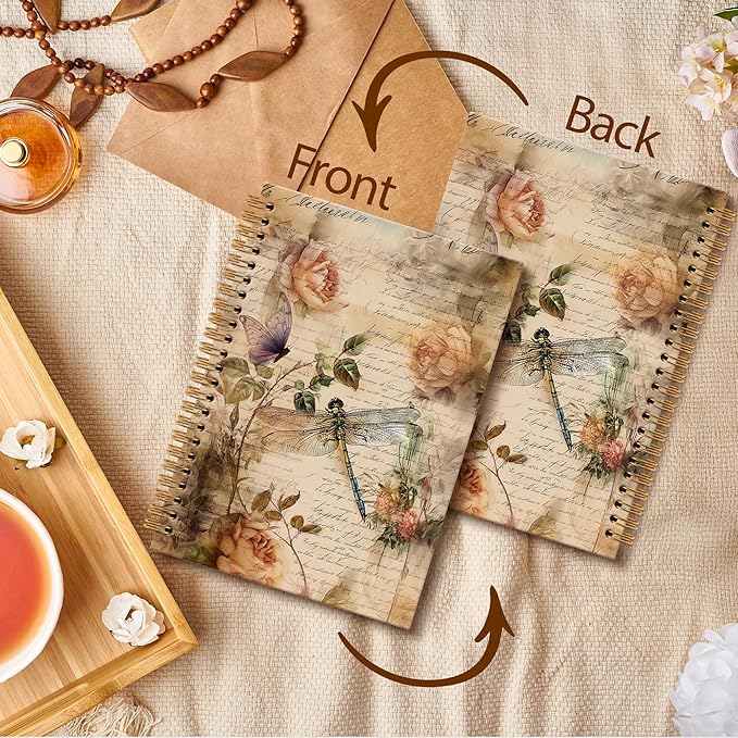 Vintage Dragonfly Notebook Journal - Dragonflies Floral Flower Spiral Notebook, Vintage Notebooks Dragonfly Gifts for Women, Shabby Chic Decor Dragonflies School Office Supplies, 6x8.2In