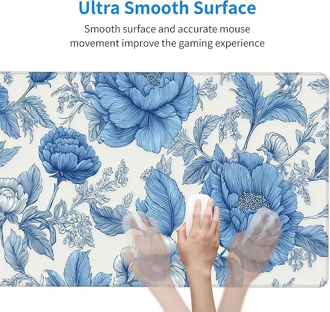 Blue Chinoiserie Mouse Pad,Blue and White Floral Desk Mat, XXL Large Floral Preppy Trendy Mouse Pad,Girly Gaming Mousepad,Girly Laptop Desk Mat for Dorm Home Office, 35.4 x 15.8 inches