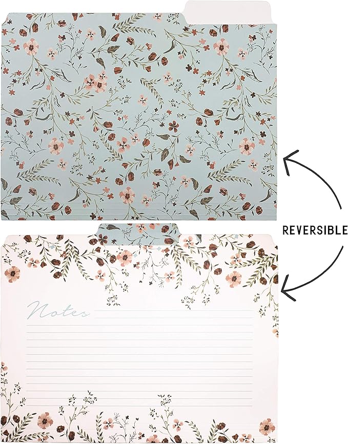 Steel Mill & Co Thick Sturdy File Folders Decorative, Set of 6 File Folders with Tabs and Sticker Labels, Cute Colored File Folders Letter Size with Notes Section, Woodland Floral