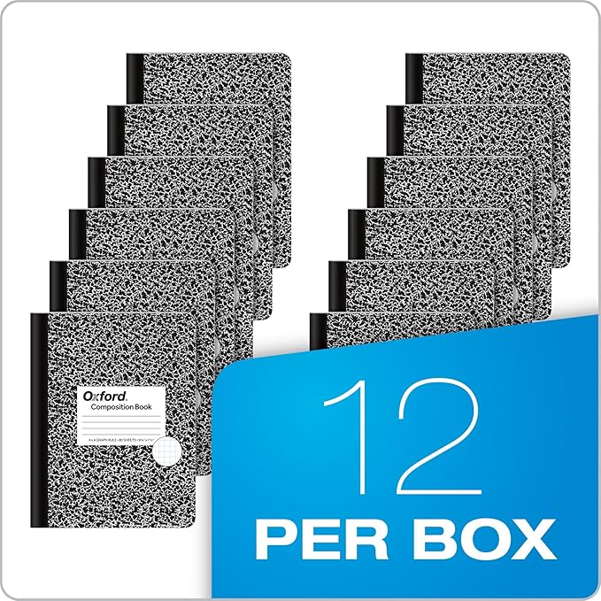 Oxford Composition Notebooks, Graph Ruled Paper, 9-3/4" x 7-1/2", Black Marble Covers, 80 Sheets, 12 per Pack (63786)