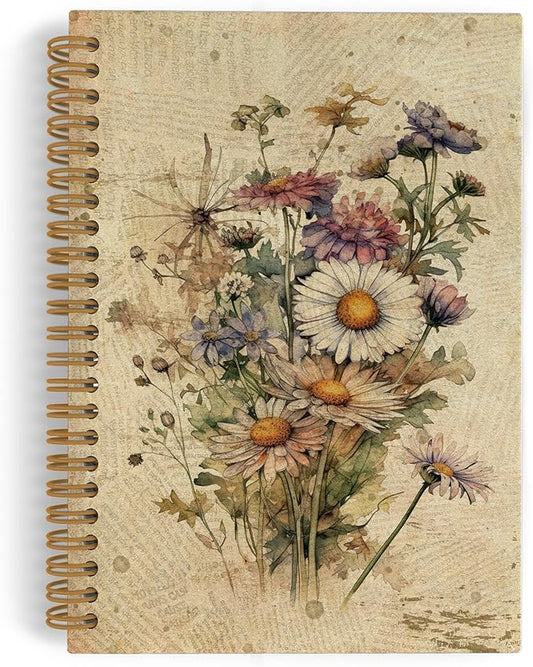 Daisy Flower Journal Notebook, Floral Journal, Vintage Floral Spiral Notebook, Boho Botanical Notebooks for School Work, Spring Retro Floral Office Supplies Gifts for Women Men, 5.5x8.3 Inch