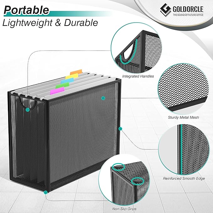 White Hanging File Organizer Box, Hanging File Folder Frame with 5 Letter-size Hanging Folders, Metal Mesh Desk File Folder Storage (No Assembly Required)