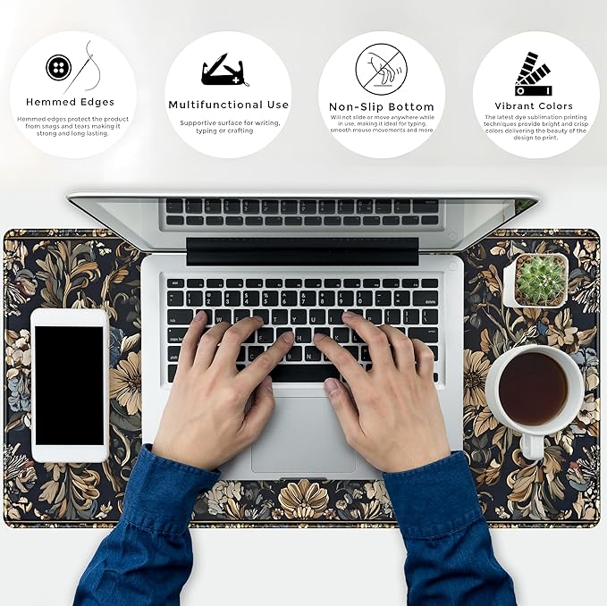 Vintage Floral Desk Mat Blue Wildflowers Mouse Pad Cottagecore Mousepad, XXL Large Extended Gaming Desk Matt for Desktop, Laptop Keyboard Mouse Mat for Women Office Decor Accessories, 31.5x15.75 in