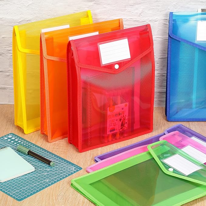 10 Pieces Plastic File Folders Envelope Expanding File Wallet Organizer Documents Folder with Snap Closure and Pocket, A4 Size Waterproof Transparent Pouch(Assorted Color,Vertical)