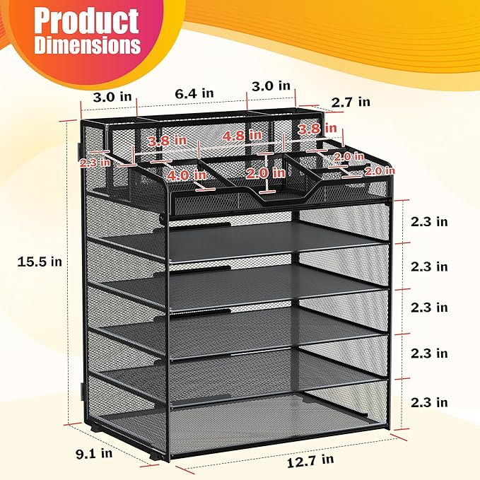 Docnest 6 Tier Mesh Desk Organizer for Paper Office Supplies – Multi-Functional Letter Tray with 5 Adjustable Compartments, 3 Pen Holders, Desktop Storage for Files, Mail, Stationery – Black