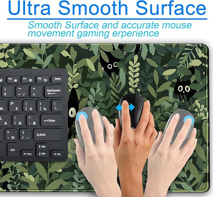 Cute Anime Cats Desk Mat Green Leaves Kawaii Mousepad XXL Extended Large Gaming Mouse Pad Cat, Aesthetic Extended Laptop Keyboard Mat Desk Pad for Women Office Gamer Girl Decor 31.5x15.75 in