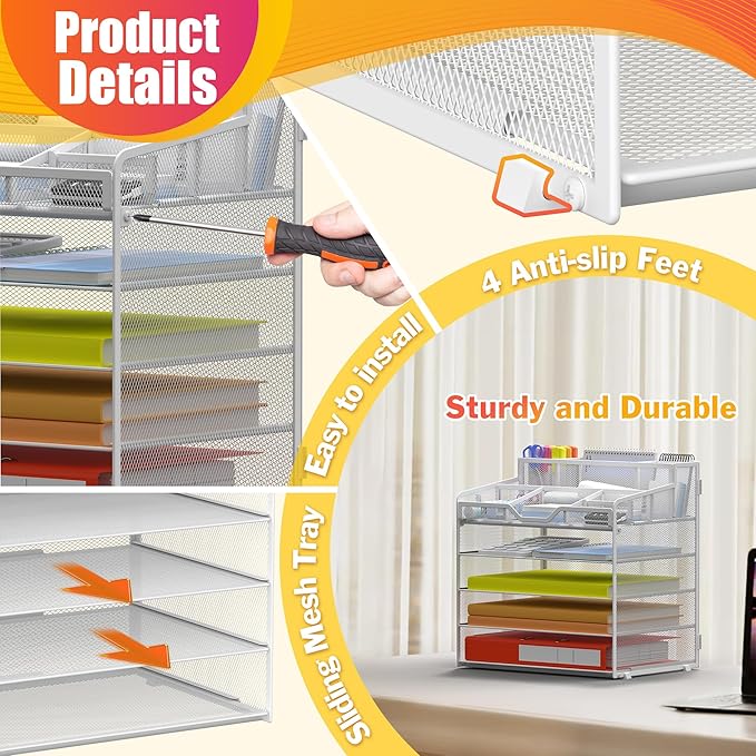 Docnest 5 Tier Mesh Desk Organizer for Paper Office Supplies – Multi-Functional Letter Tray with 5 Adjustable Compartments, 3 Pen Holders, Desktop Storage for Files, Mail, Stationery – White