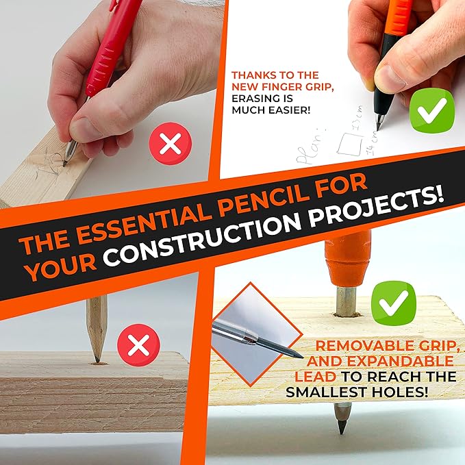 THORVALD New 2-in-1 Carpenter Pencils with Finger Grip for Construction - Incl. 7 Leads + Sharpener - Solid Mechanical Pencils with Fine Point/Best Marking tools Construction/Carpenters/Scriber