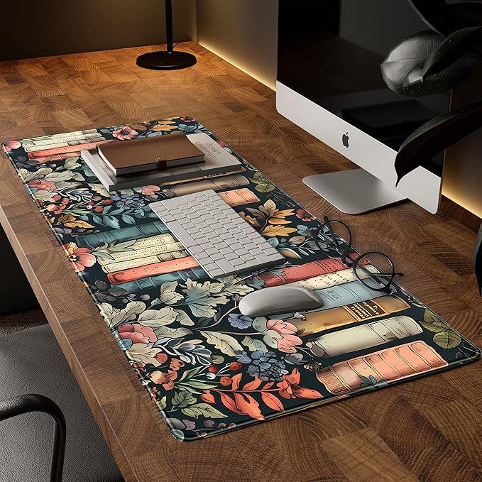Floral Books Desk Mat Reading Desk Pad Mouse Mat XXL, Colorful Mouse Keyboard Pad Flower Bookshelf Desktop Mat, Long Computer Mats Aesthetic Desk Accessory Reader's Home Decor 31.5" x 15.7"