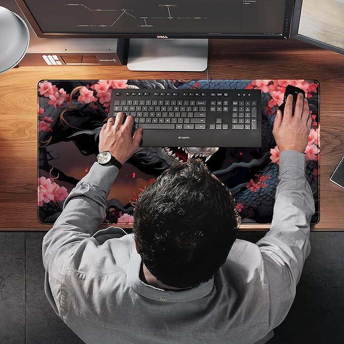 Cute Sakura Dragon Gaming Mouse Pad Kawaii XXL Large Extended Anime Desk Mat, Non-Slip Rubber Base Mousepad, Office Decor Desk Pad, Cool Keyboard and Mouse Mat with Stitched Edges, 31.5x15.75 in