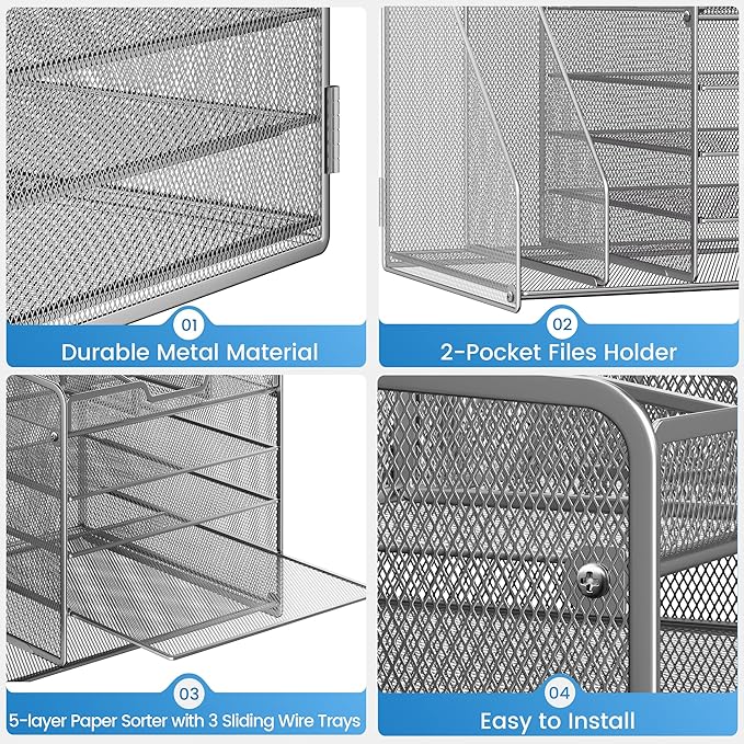 Lavatino 5-Tier Metal Mesh Desk Organizer with 2 File Holders & 7 Customizable Compartments | Paper Letter Tray for Office or Home Desk Storage | Keep Workspace Supplies Neat & Organized, Silver
