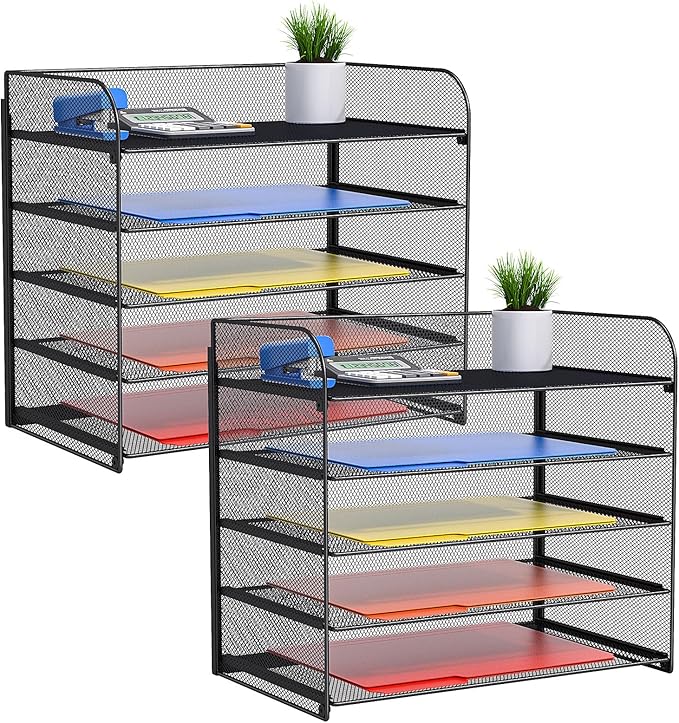 2 Sets 5-Tier Paper Organizer,Paper Tray Holder for Desk,File Holder/Sorter,Legal/Letter Size,A4,File Folder Shelf Organizer for Office,Home,Solid Steel,Mesh,Sturdy,Leakproof,Large Capacity