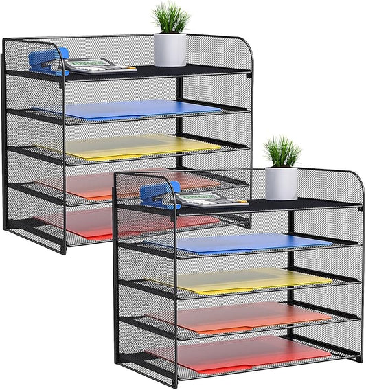 2 Sets 5-Tier Paper Organizer,Paper Tray Holder for Desk,File Holder/Sorter,Legal/Letter Size,A4,File Folder Shelf Organizer for Office,Home,Solid Steel,Mesh,Sturdy,Leakproof,Large Capacity