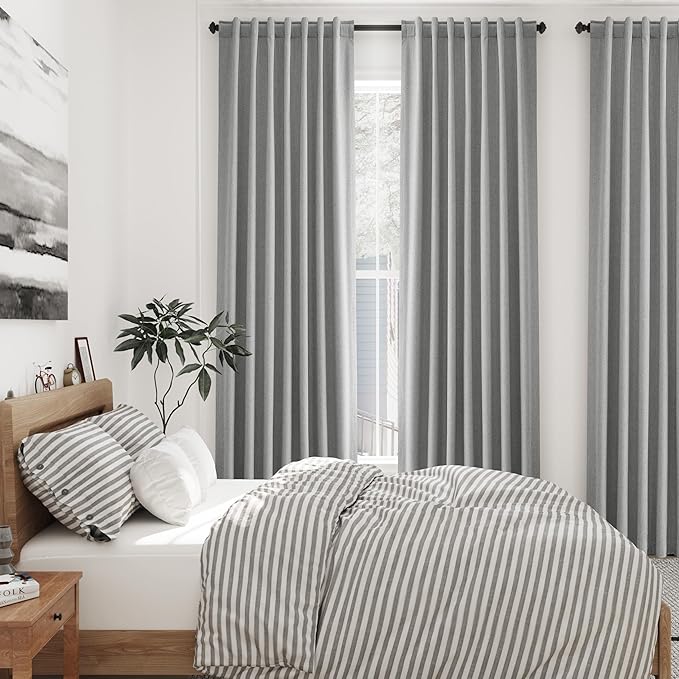 Charcoal Linen Blackout Curtains 120 Inch Length 2 Panels Set Burg Extra Long 10 Ft Back Tab Pocket Drapes Cotton Textured Total Sun Blocking Curtains for Living Room Cottage High Window 52x120