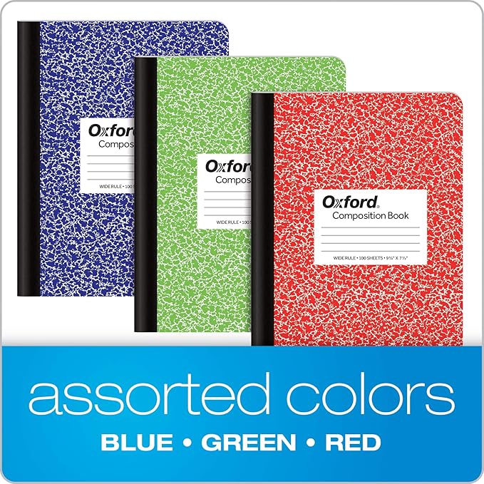 Oxford Composition Notebook 24 Pack, Wide Ruled Paper, 9-3/4 x 7-1/2 Inches, 100 Sheets, Assorted Marble Covers, 2 Each: Blue, Green, Red (63762)