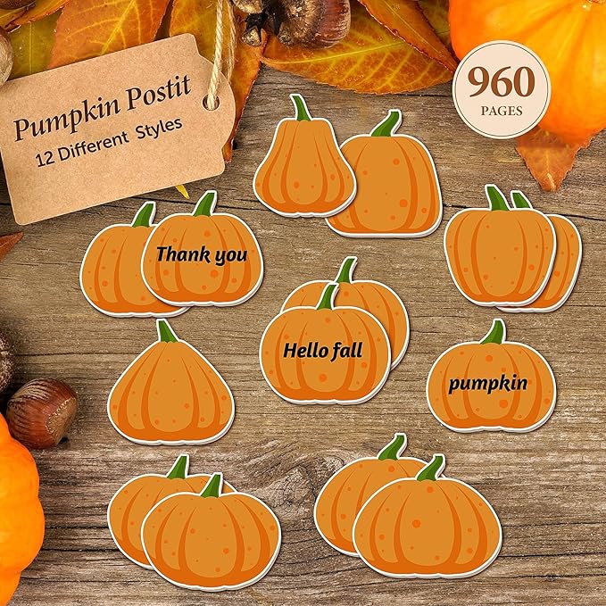 48PCS Fall Pumpkin Sticky Notes Cute Pumpkin Shape Memo Notes Self-Adhesive Fall Memo Notes for School Office Home Supplies Student Teacher Present 12 Styles Total 20 Sheets Each